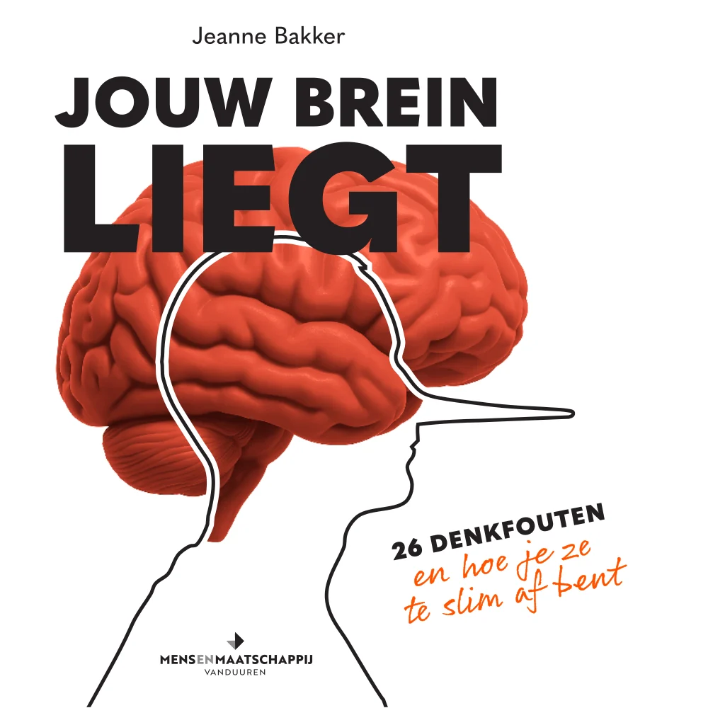 Omslag van Jouw brein liegt van Jeanne Bakker: een oranje brein met een getekend hoofd met lange neus